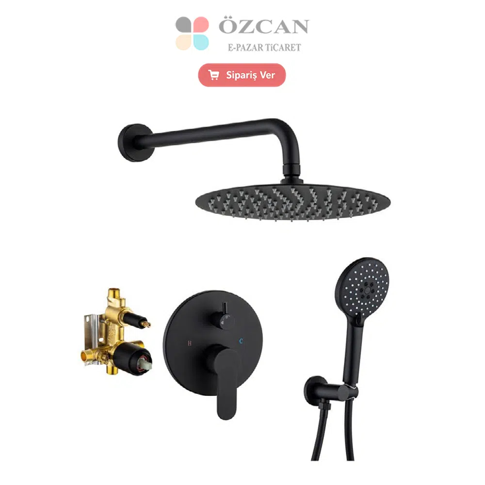 Siyah Ankastre Duş Seti Üç Yönlü Termostatik S100100190-1 Banyo Batarya Takımı